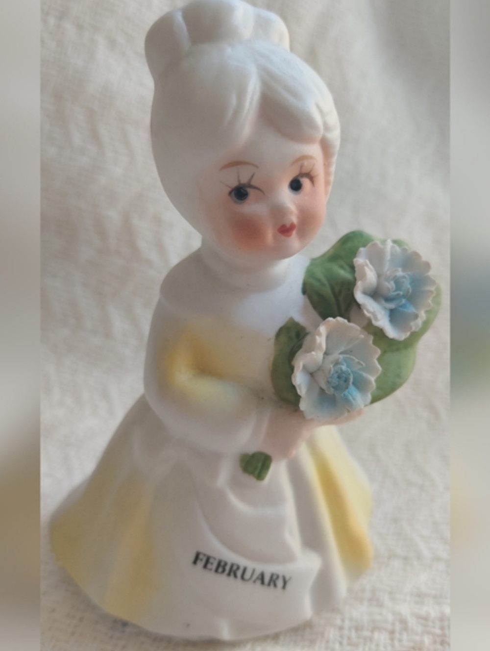 Vintage Bisque Porcelain Figurine February Birthday Girl with Flowers